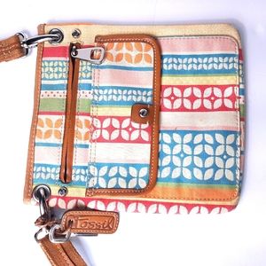 Fossil Beige Brown Red Floral Canvas Crossbody Han